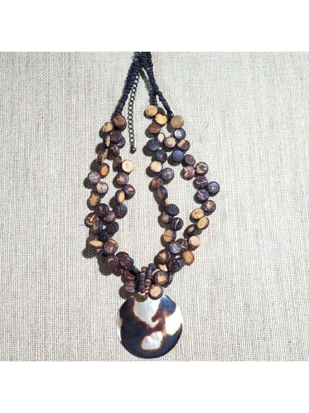 Vtg VJ Abalone statement necklace heishe seed bead wood shell